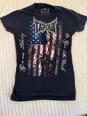 Tapout Black Tee with Red, White & Blue Distressed Flag Graphic
